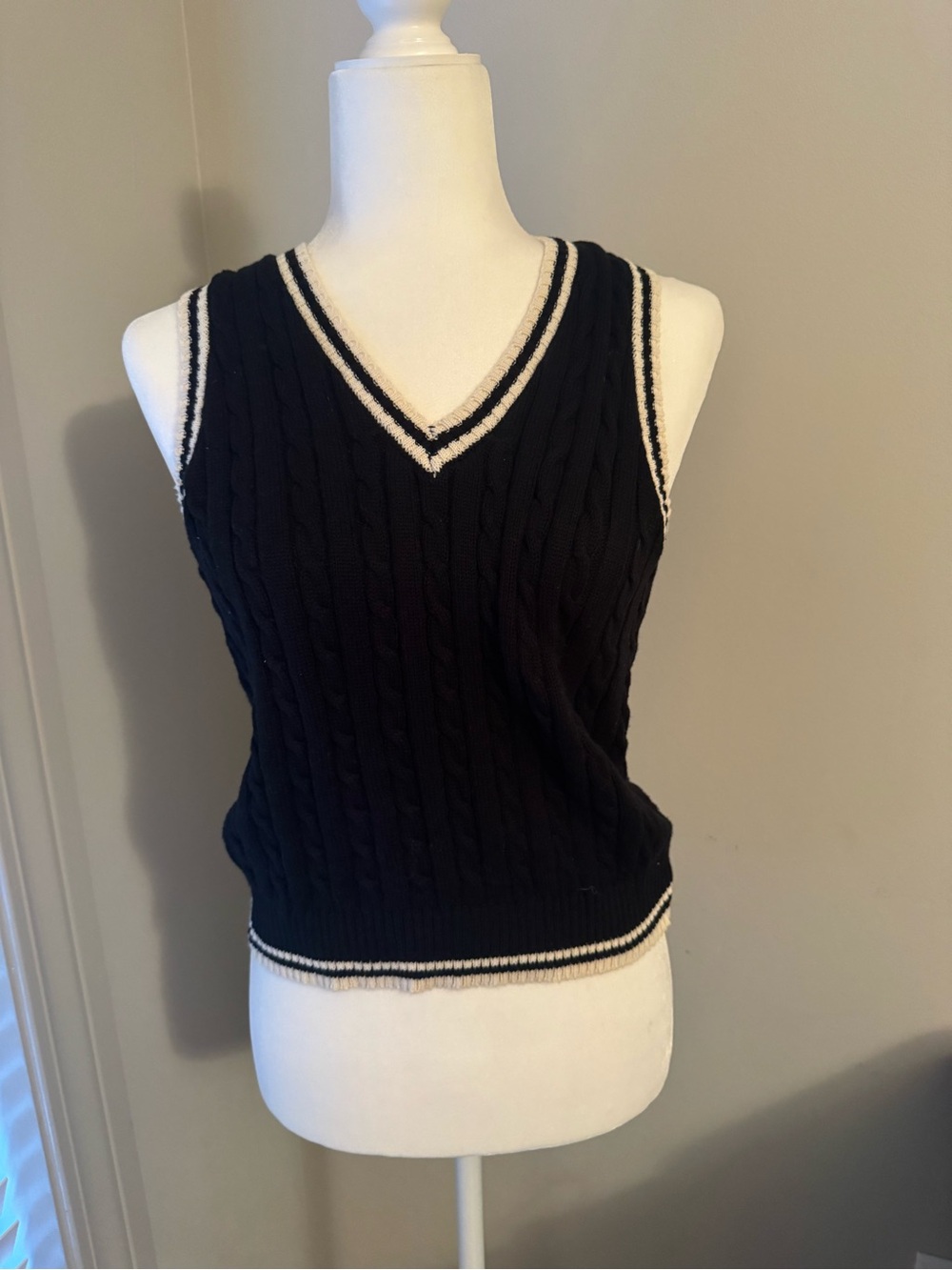 Say What? Black Cable Knit V-Neck Tank with White Trim